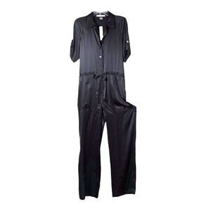 NEW Ellen Tracy Black Silk Jumpsuit Tie Waist Short Sleeve Wide Leg Womens 2